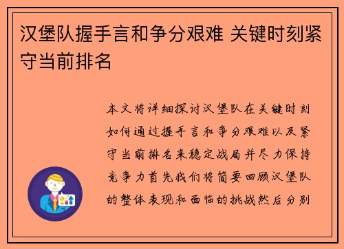 汉堡队握手言和争分艰难 关键时刻紧守当前排名