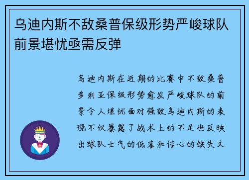 乌迪内斯不敌桑普保级形势严峻球队前景堪忧亟需反弹