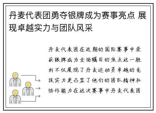 丹麦代表团勇夺银牌成为赛事亮点 展现卓越实力与团队风采