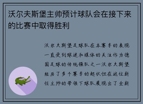 沃尔夫斯堡主帅预计球队会在接下来的比赛中取得胜利